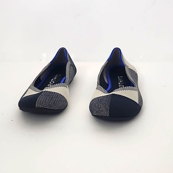 Rothy's | 8W| Royal Blue + Cream Geometric Color Block Print Cap Toe Flat - Picture 2 of 12